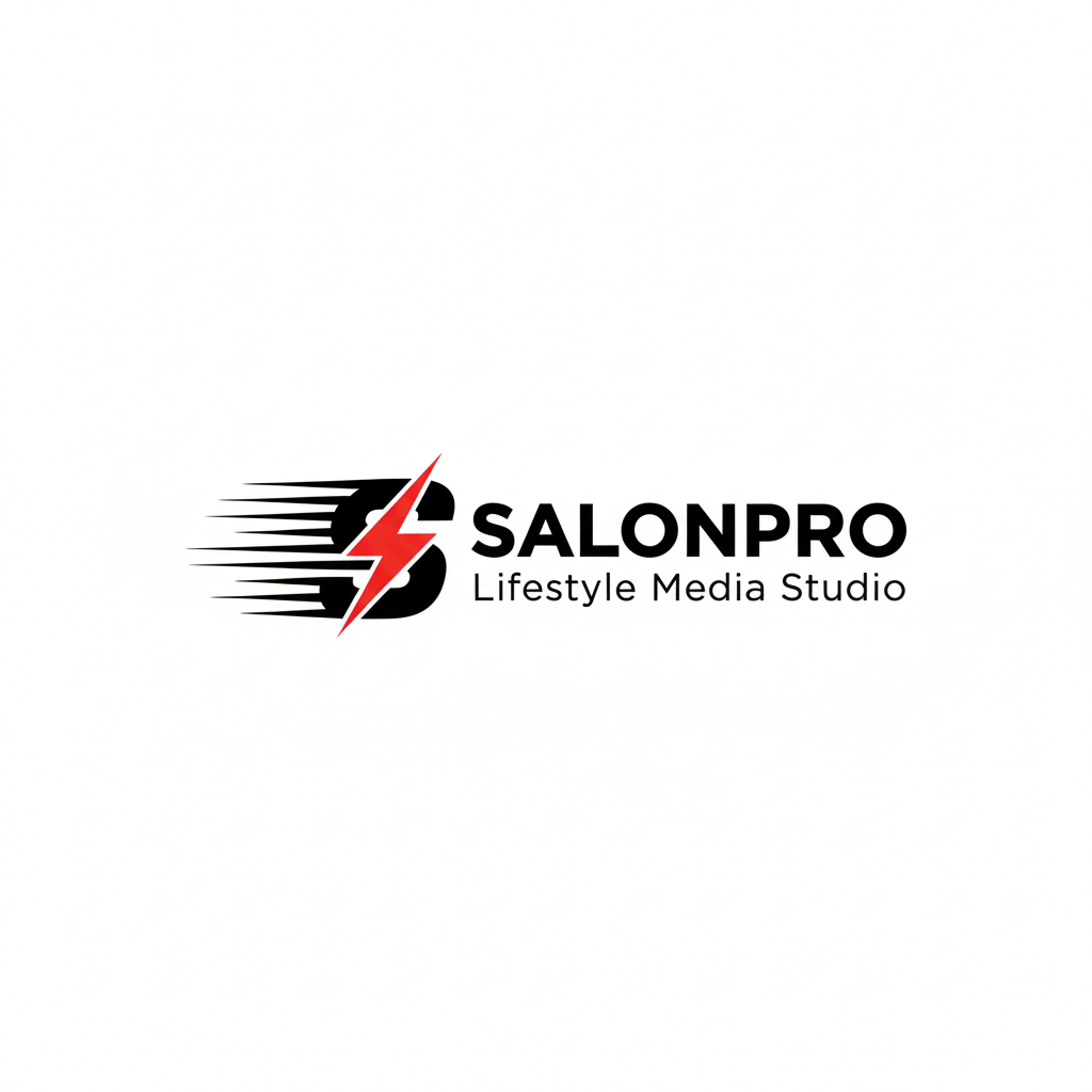 SalonPro Lifestyle Media Studio - Professional fitness photography logo featuring camera icon with dynamic speed lines and red lightning bolt accent
